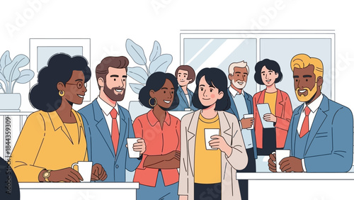 Diverse group of professionals networking and discussing ideas in a modern office environment