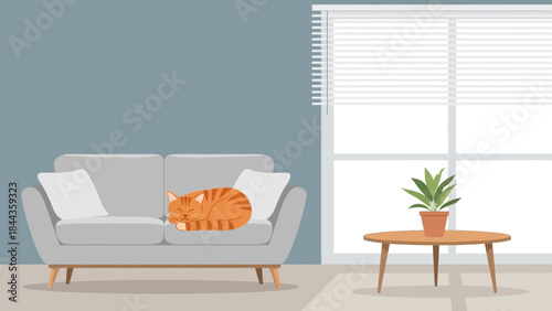 Cozy Orange Cat Napping on a Sofa in a Sunlit Room with a Potted Plant