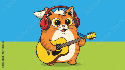 Adorable cartoon cat wearing vibrant red headphones, cheerfully strumming a yellow acoustic guitar, creating joyful music and a playful atmosphere