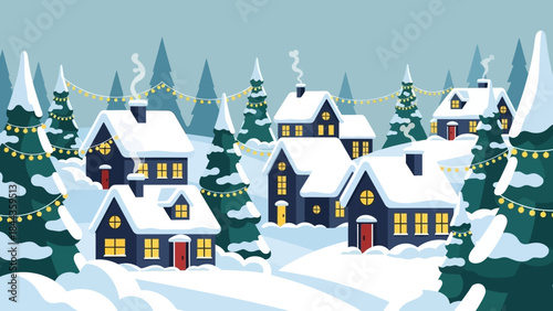 Charming winter village scene with cozy snow-covered houses, festive string lights, and snow-laden evergreen trees under a serene sky, evoking seasonal warmth and holiday spirit