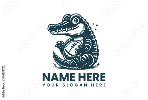 A vector illustration of a crocodile logo with a soccer ball, set against a clean white background, with a placeholder for a name and slogan in a modern design style.