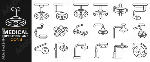 Editable stroke medical lamp icons featuring surgical and examination lights