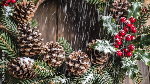 Dramatic slow motion shot of fine white synthetic snow gently settling onto a rustic natural frame composed of pinecones evergreen and vibrant holly cinematic, composition, decoration