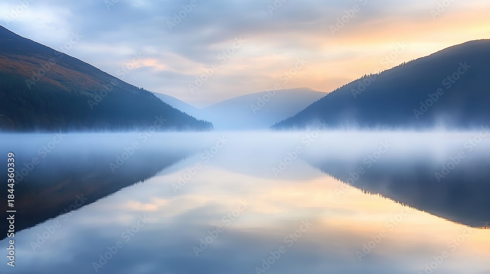 Fototapeta premium Gentle morning mist hovering above a tranquil lake with reflections of mountains and sky