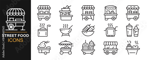 Minimal street cuisine icons with bowls, snacks, and beverage symbols