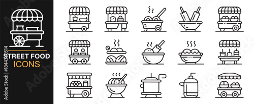 Minimal linear street food and vendor icon set for culinary design