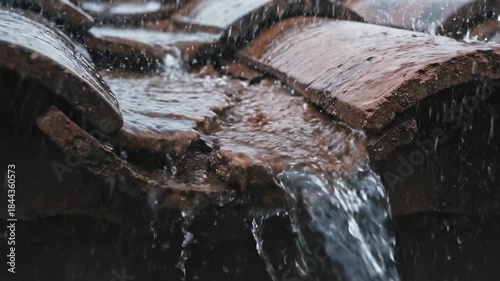 Dramatic slow motion shot of heavy raindrops relentlessly striking a visibly damaged clay roof tile and causing water to pool and run off rapidly home improvement, protection, liquid