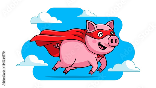 Superhero Pig Flying Through Clouds, Whimsical Flat Vector Illustration