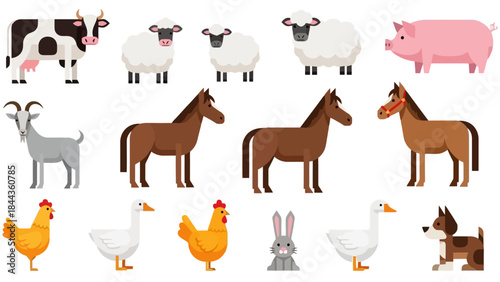 Diverse Farm Animals Collection: A Colorful Vector Illustration Set on White Background