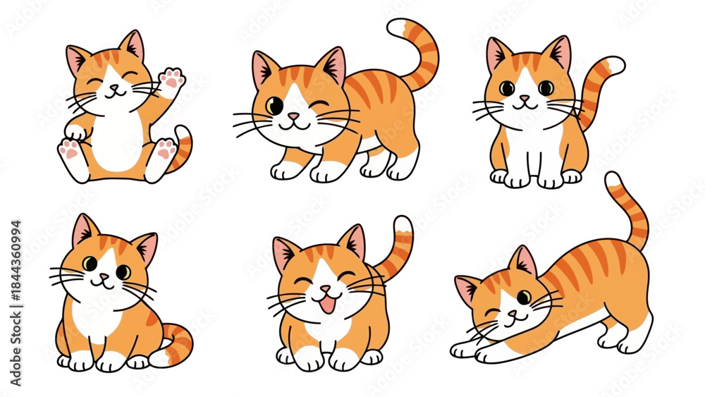 Fototapeta premium Collection of Adorable Orange Tabby Cats in Various Cute Poses Vector Illustration