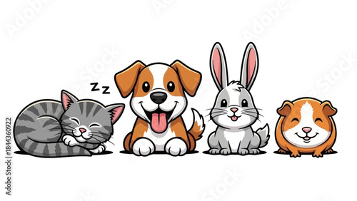 Cute Cartoon Pets - Cat, Dog, Rabbit, and Guinea Pig Lineup