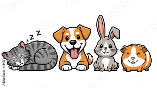 Adorable Cartoon Pets: Cat, Dog, Rabbit, and Guinea Pig Friends Together
