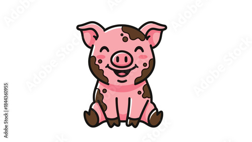 Cute Piglet Sitting in Mud, Cartoon Style, Playful Farm Animal Illustration
