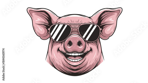 Cool Pink Pig Wearing Sunglasses and Smiling, Vector Illustration
