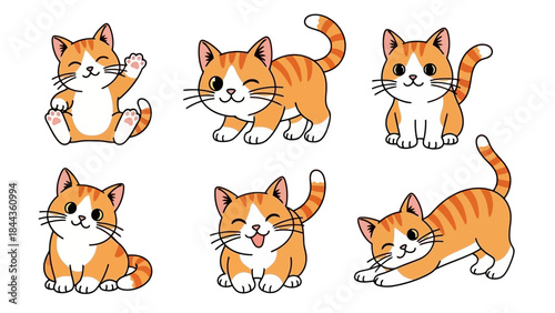 Collection of Adorable Orange Tabby Cats in Various Cute Poses Vector Illustration
