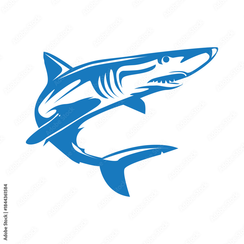Fototapeta premium Clean illustration of a shark silhouette in blue and white colors, representing strength, speed, and ocean life. Minimalist marine design suitable for logos, icons, sports teams, water brands