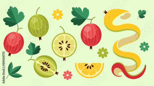 Colorful Illustration of Fruits and a Serpent with Leaves and Flowers