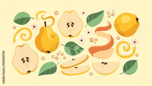 Stylized Digital Illustration of Pears and Fruit Elements in Soft Tones for