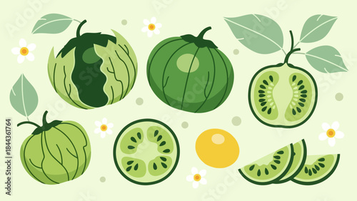 Assorted Fresh Green Vegetables and Fruit Illustrations with Flowers and Leaves