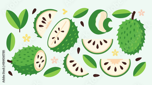 Vivid Illustration of Durian Fruits with Green Spiky Outer Shells and Juicy