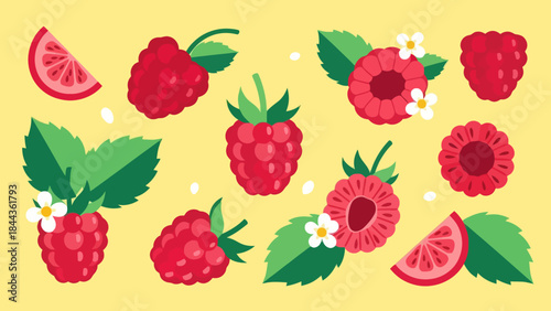 Vibrant Illustration of Fresh Raspberries and Floral Accents on Bright Yellow