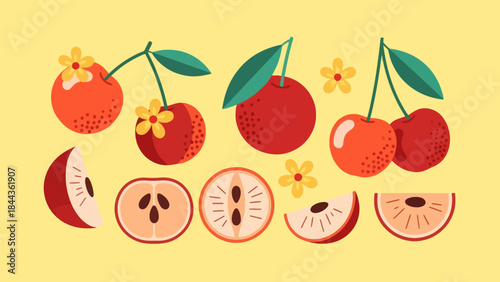 Vibrant Illustration of Cherries and Fruits with Blossoming Accents