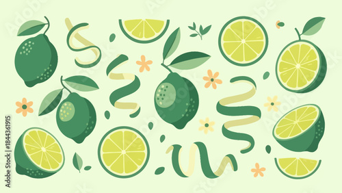 Vibrant Pattern of Whole and Sliced Lemons with Green Leaves and Decorative