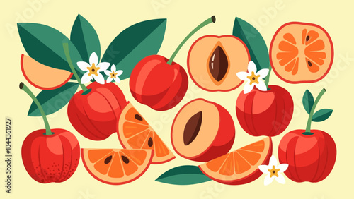 Bright and fresh cherry and apricot fruit composition with leaves and flowers