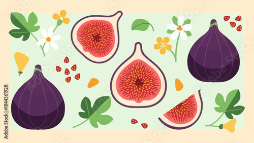 Stylized illustration of fresh figs and herbs with vibrant colors and playful