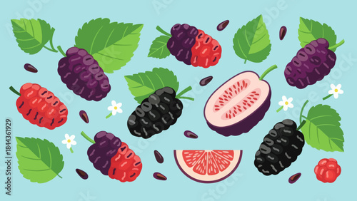Vibrant Illustration of Mixed Berries and Fruit with Green Leaves and Floral