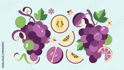 Vibrant Illustration of Fresh Grapes and Juicy Fruit Slices