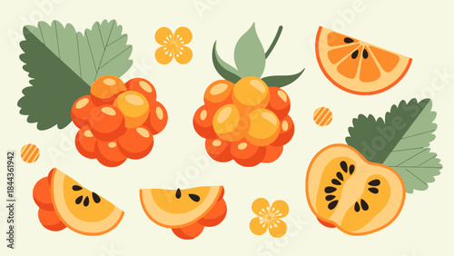 Bright Digital Illustration of Cloudberries with Leaves and Small Floral