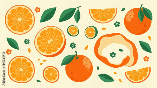 Bright and Fresh Citrus Fruits with Green Leaves and Edible Flower Accents