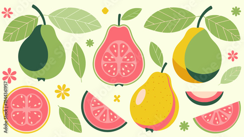 Colorful Digital Illustration Featuring Various Fruits and Green Leaves for
