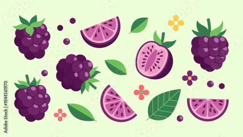 Colorful Illustration of Mixed Berry Fruits with Leaves and Flowers in a