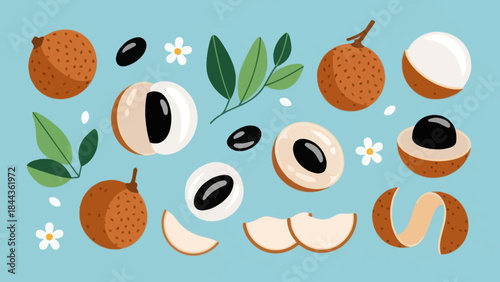 Vivid Illustration of Lychee Fruits with Leaves and Flowers on Bright Background
