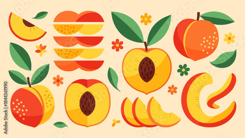 Colorful Illustration of Various Fresh Fruit Slices and Whole Fruits with