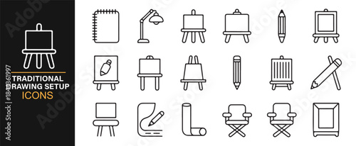 Outline art studio icon set featuring easels, pencils, and sketch equipment