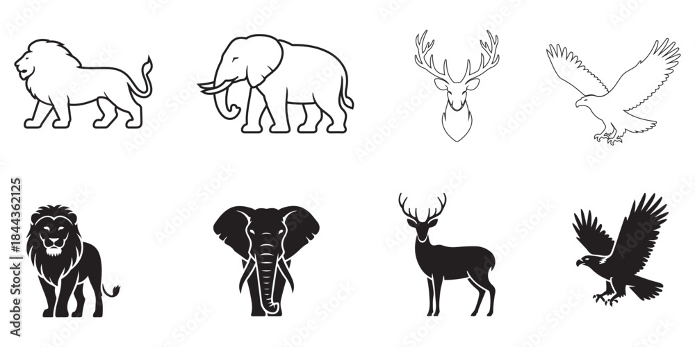 Obraz premium Wild Animal Icon Set Vector – Outline & Silhouette of Lion, Elephant, Deer & Eagle
