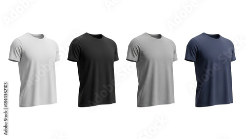 Collection of four different colored t-shirts isolated on transparent background