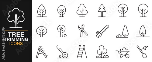 Structured tree trimming and landscaping icons in editable stroke style