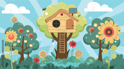 Sustainable wooden pod treehouse surrounded by solar flowers, showcasing eco-friendly architecture, renewable energy, green living and futuristic nature-inspired design in detailed illustration