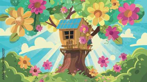 Sustainable wooden pod treehouse surrounded by solar flowers, showcasing eco-friendly architecture, renewable energy, green living and futuristic nature-inspired design in detailed illustration