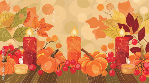 Autumn table decoration with candles and seasonal fall elements, cozy home decor concept, warm rustic dining table arrangement, autumn lifestyle vector illustration