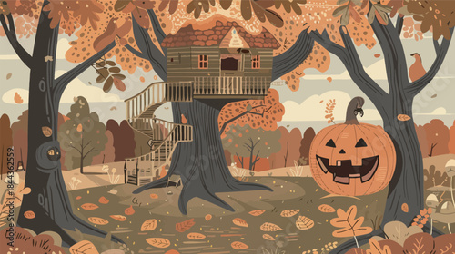Treehouse inside a giant enchanted pumpkin, magical fantasy illustration, fairytale autumn concept, whimsical nature house, storybook style