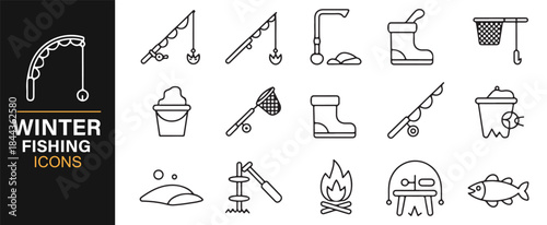 Structured winter fishing icon set for outdoor adventure and sport designs