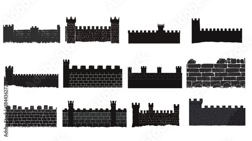 Solid black silhouette of a robust fortified wall symbolizing strength, defense, security, protection, historical architecture, ancient fortification structure, resilience concept and strong barrier 