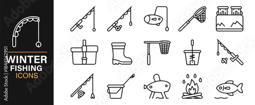 Minimal linear ice fishing icon set for outdoor winter sports designs
