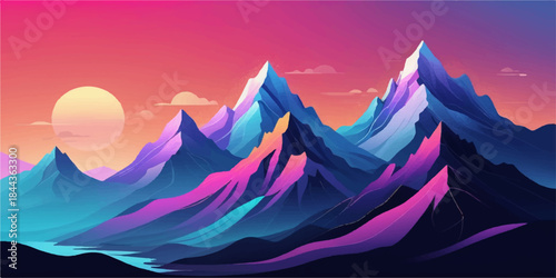 Abstract nature landscape featuring mountain ridges, warm sunset glow, and panoramic depth.