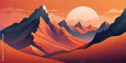 Modern digital illustration of vector mountainous terrain at sunset, featuring vibrant colors, layered depth, and atmospheric mood.